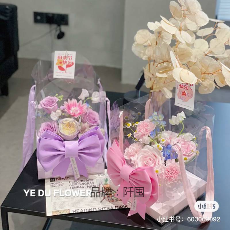 手提花盒透明PVC插花盒玫瑰束手提袋蝴蝶结七夕包装礼盒