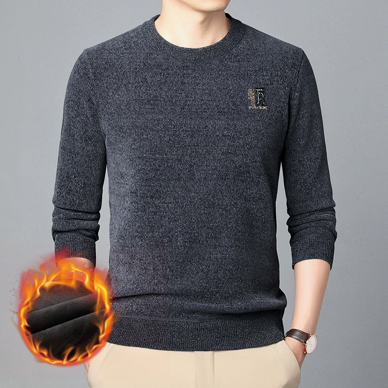 Зимний мужской свитер, утолщенный папа, топ из синели с вышивкой, мужская новая нижняя рубашка на флисовой подкладке, теплая одежда