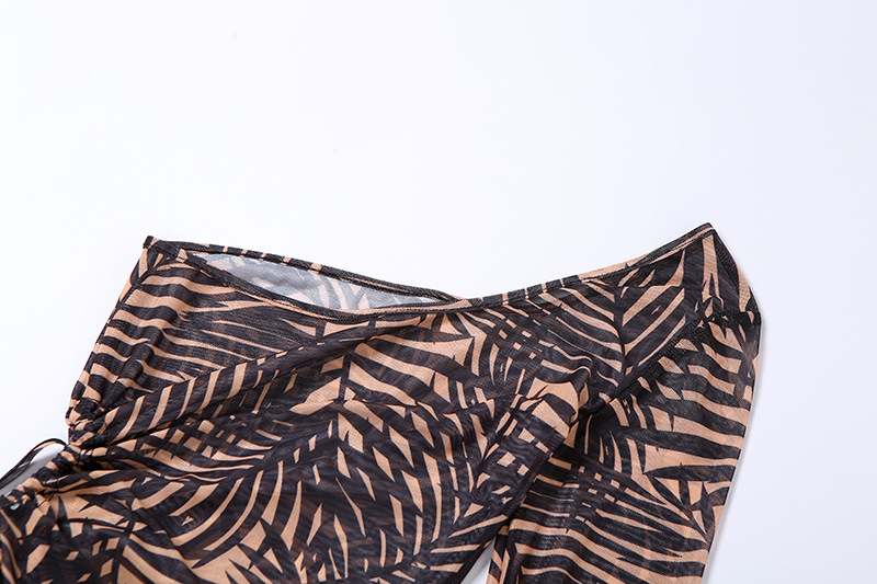 lace-up slanted shoulder single-sleeved mesh printed split dress NSDLS108603