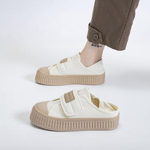 White Shoes for Women 2024 Summer New Style Two-Wear Heel Half Slippers Thick-Soled Biscuit Shoes Versatile Velcro Canvas Shoes