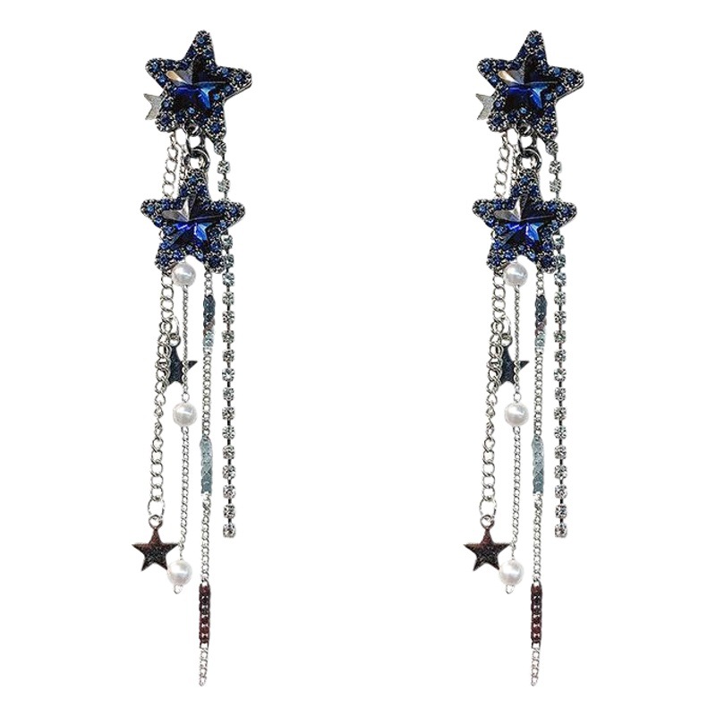 S925 aguja de plata europea y americana exagerada larga borla pendientes de moda temperamento estrella de cinco puntas pendientes de diamantes de imitación pendientes femeninos al por mayor