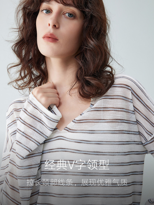 ELLE法式条纹V领休闲针织衫女2025秋新款套头轻薄设计感宽松上衣|undefined