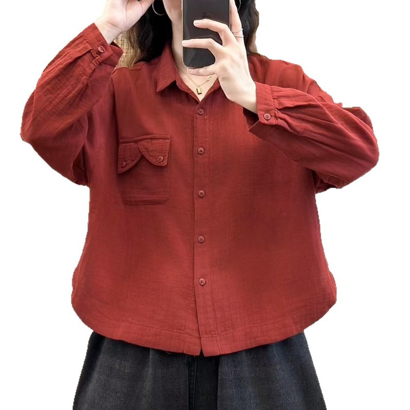 日韩双层棉纱纯色衬衫宽松文艺翻领衬衣开衫休闲百搭上衣女装|undefined