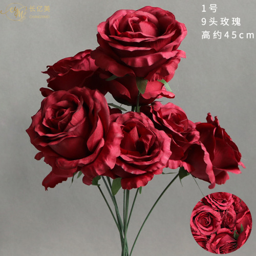 Home Decor Bouquet of 9 Artificial Roses, Living Room Dining Table Fake Flower Ornament, Wedding Floral Arrangement Silk Flower Art