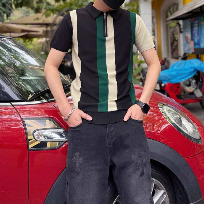 Polo camiseta camiseta de punto camiseta de manga corta camiseta de hombre a rayas solapa medio cremallera vieja fábrica de hielo de verano transfronteriza mayorista