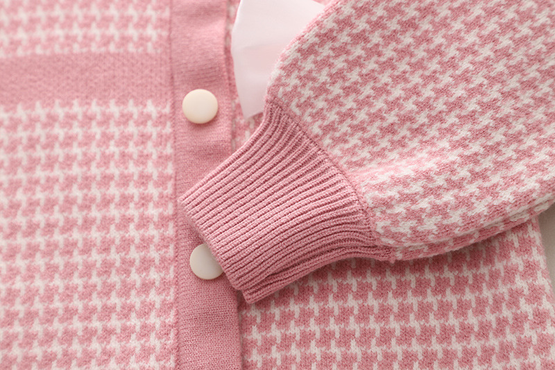 Neuer Pullover für Mädchen mit kariertem Herbst- und Winterblütenblatt-Design, zweiteiliges Kleid aus Schleifenstrick, Blasenärmel, kleiner Duft_voghion.com