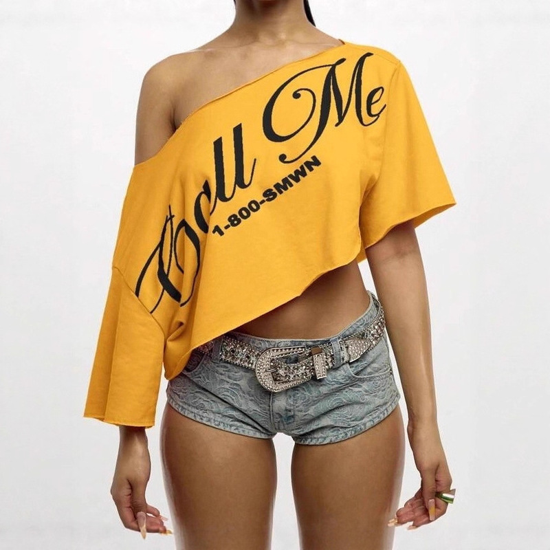 New American Street Style Letter Print Cropped Off-Shoulder Short-Sleeve T-Shirt Versatile Slimming Top