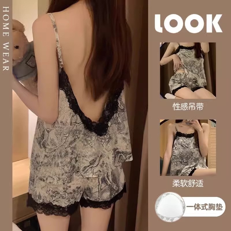 Pure Cotton Pajamas for Women in Summer with Breast Pads, Pure Lust Style Lace Suspender Shorts, Home Clothes, Beautiful Back Ink Painting Suit