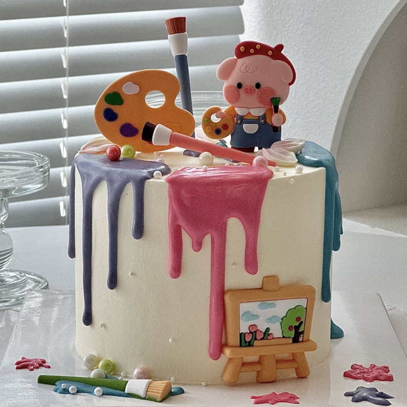 彩色卡通画画猪可爱画家粉色小猪儿童生日蛋糕装饰摆件插牌插件