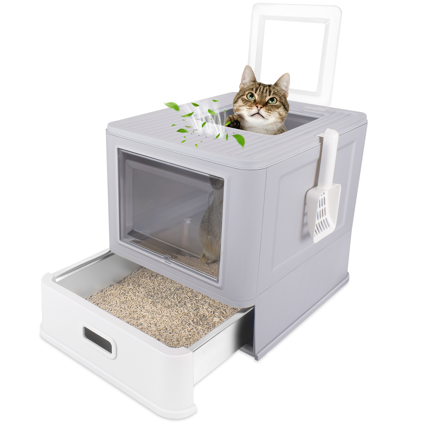 Acero inoxidable semicerrado tipo cajón super grande anti-derrames anti-odorante lavabo de arena para gatos cubierta de inodoro para gatos