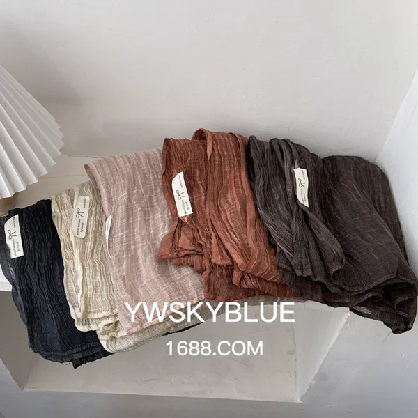 Original Single Northwest Tourism Art Beige Solid Color Pleated Cotton and Linen Scarf Women's Spring and Autumn Thin Scarf Sunscreen Shawl