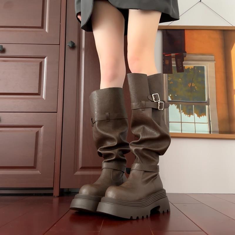 厚底棕色高筒堆堆靴子女2025新款秋季显瘦西部牛仔两穿长筒骑士靴|undefined