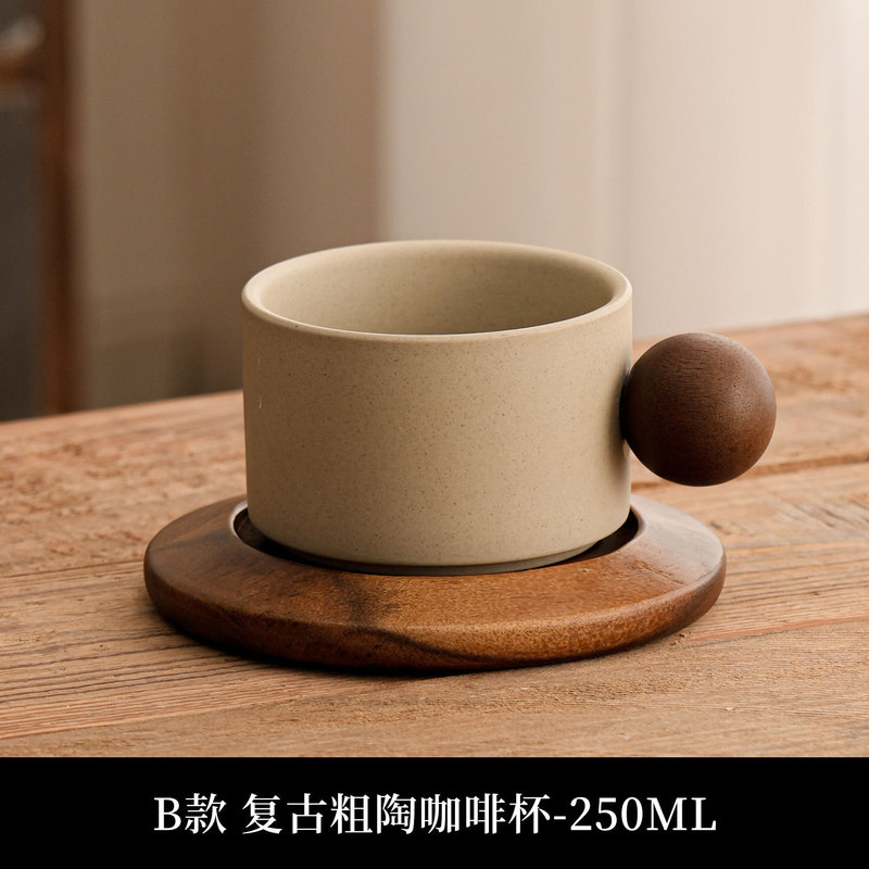 陶土咖啡杯中古风花茶马克杯咖啡杯套装木杯垫送人客户伴手礼茶杯|undefined