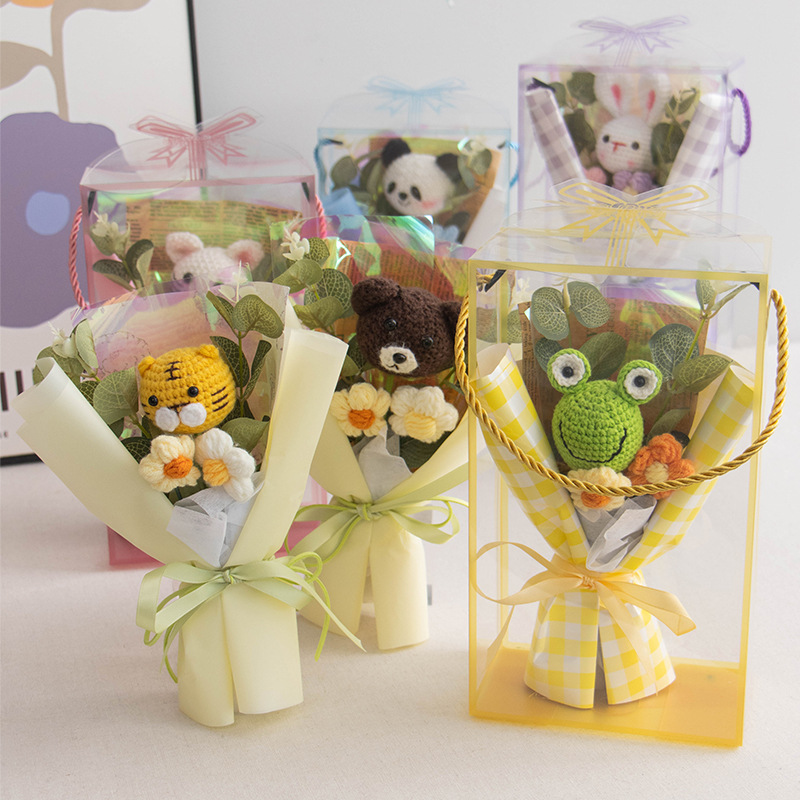 手工钩织小动物玩偶花束送小朋友礼物花束毛线花成品卡通针织花束