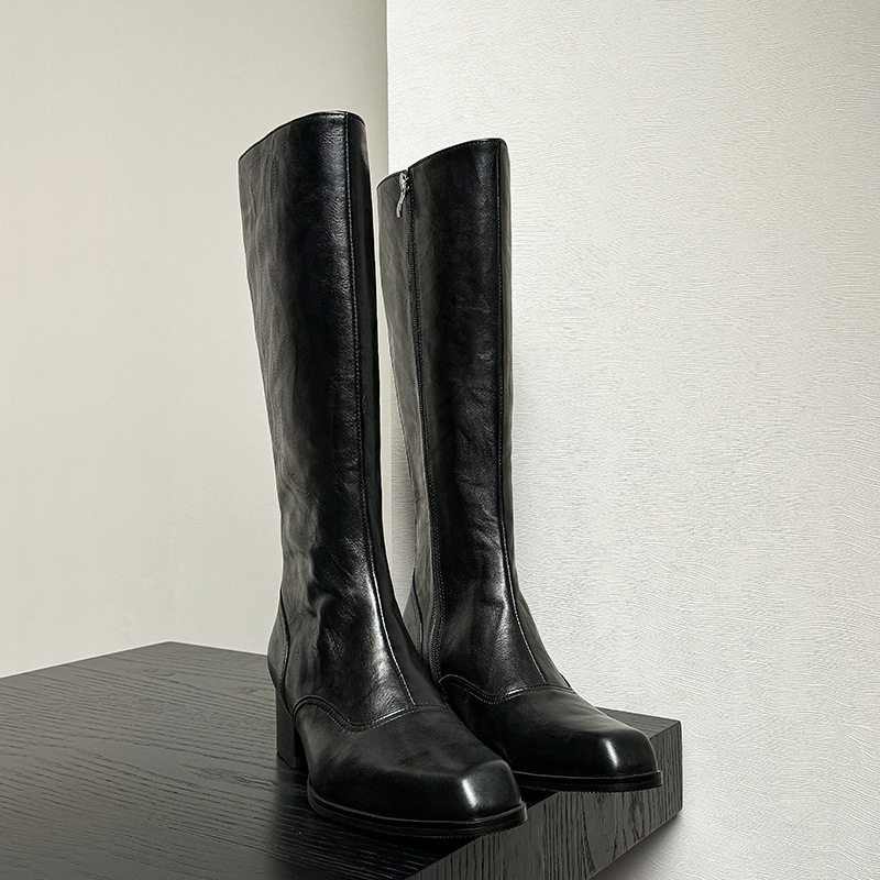 A generation of hair long men's boots men's square head high heel zipper long boots hand grip pattern first layer cowhide high boots A generation of hair long men's boots men's square head high heel zipper long boots hand grip pattern first layer cowhide high boots