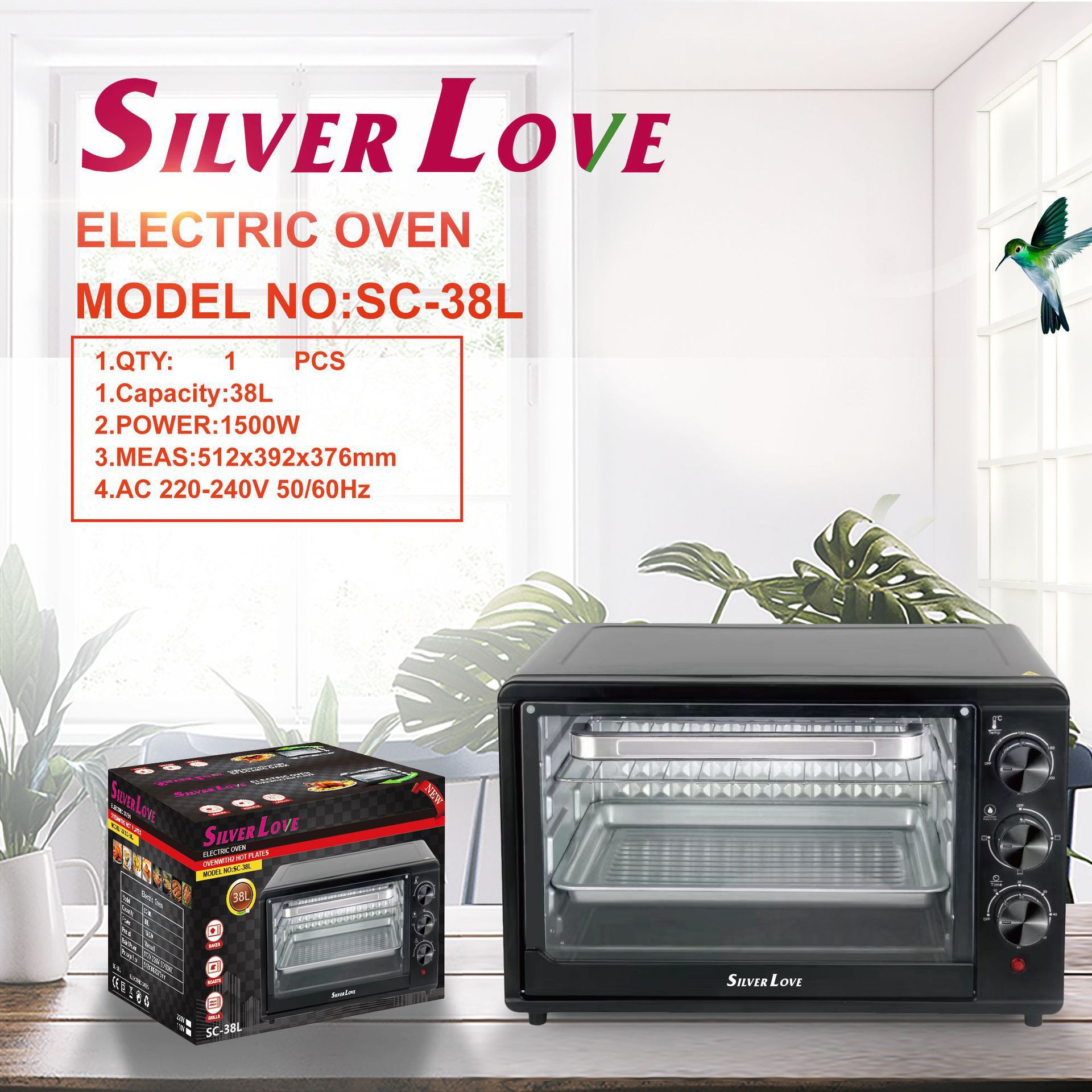 Foreign Trade Export 38L Large Capacity 1500W High Power Multi-Function Household Electric Oven with Scheduled Timer Baking Dual
