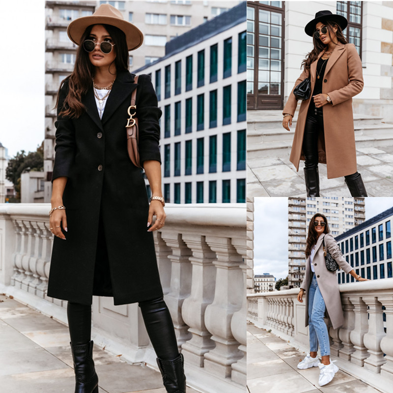 Popular Autumn And Winter Solid Color Long Sleeved Suit Collar Wool Coat Women's Wear