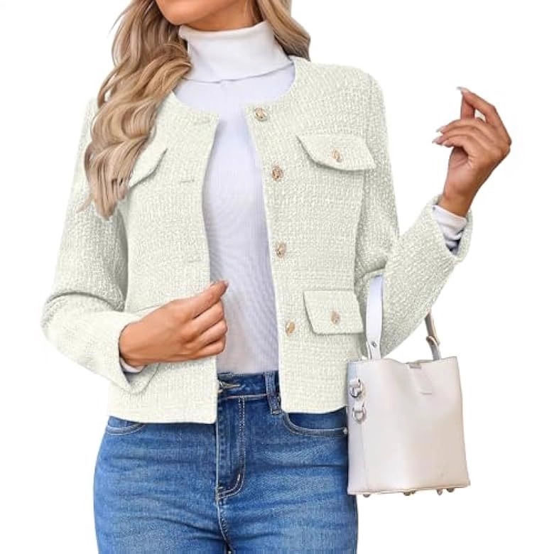 Chaqueta Corta de Tweed de Poliéster con Cuello Redondo y Botones para Trabajo