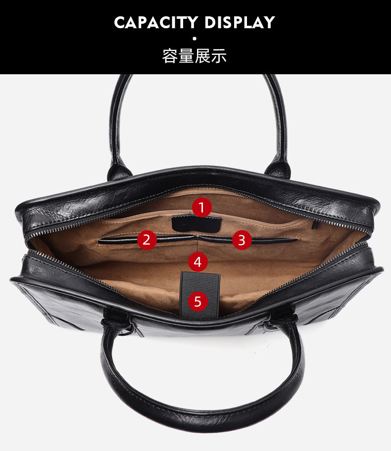 Túi xách tay nam da bò lớp đầu 38×8×28 cm, túi công sở đựng laptop 14 inch, đeo chéo tiện lợi — Màu Đen thuộc da bình thường bên trong màu đen, Màu đen cây cao, Lớp lót nỉ flannel cao cấp cầm tay màu đen chi tiết 34