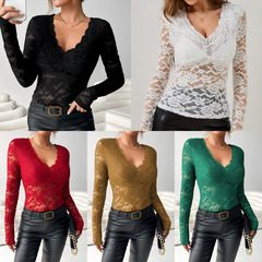 Elegant V-neck Fan Edge Solid Color Long-Sleeve Bodycon Lace T-shirt for Ladies, 2025 Cross-border