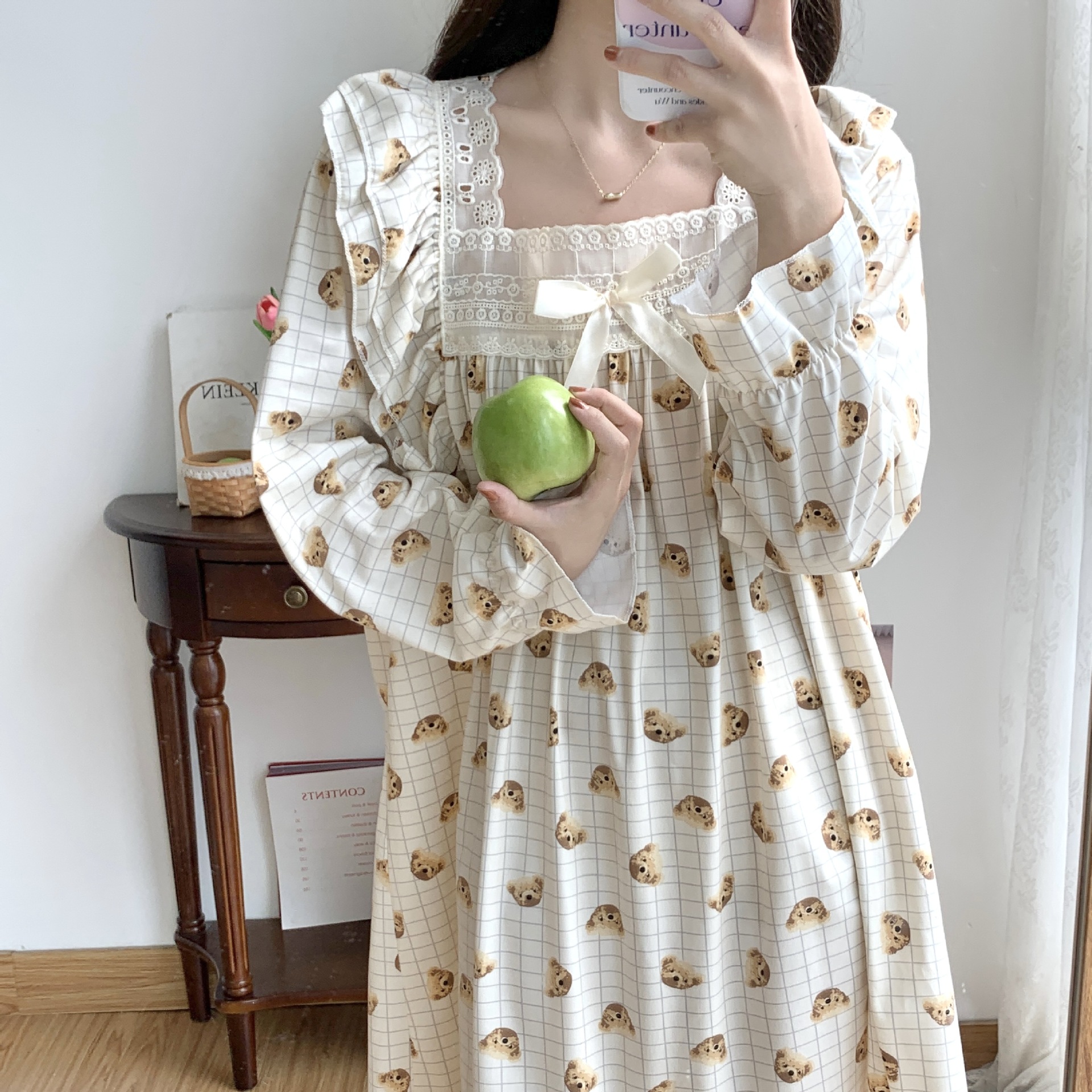 Nuevo estilo coreano princesa estilo camisón fresco lindo oso primavera y otoño pijamas largos de las mujeres vestido largo desgaste del hogar entrega