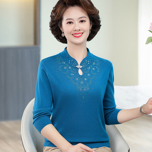 中老年女裝針織毛衣純色顯氣質T恤寬松旗袍領2023秋冬新款媽媽裝圖片