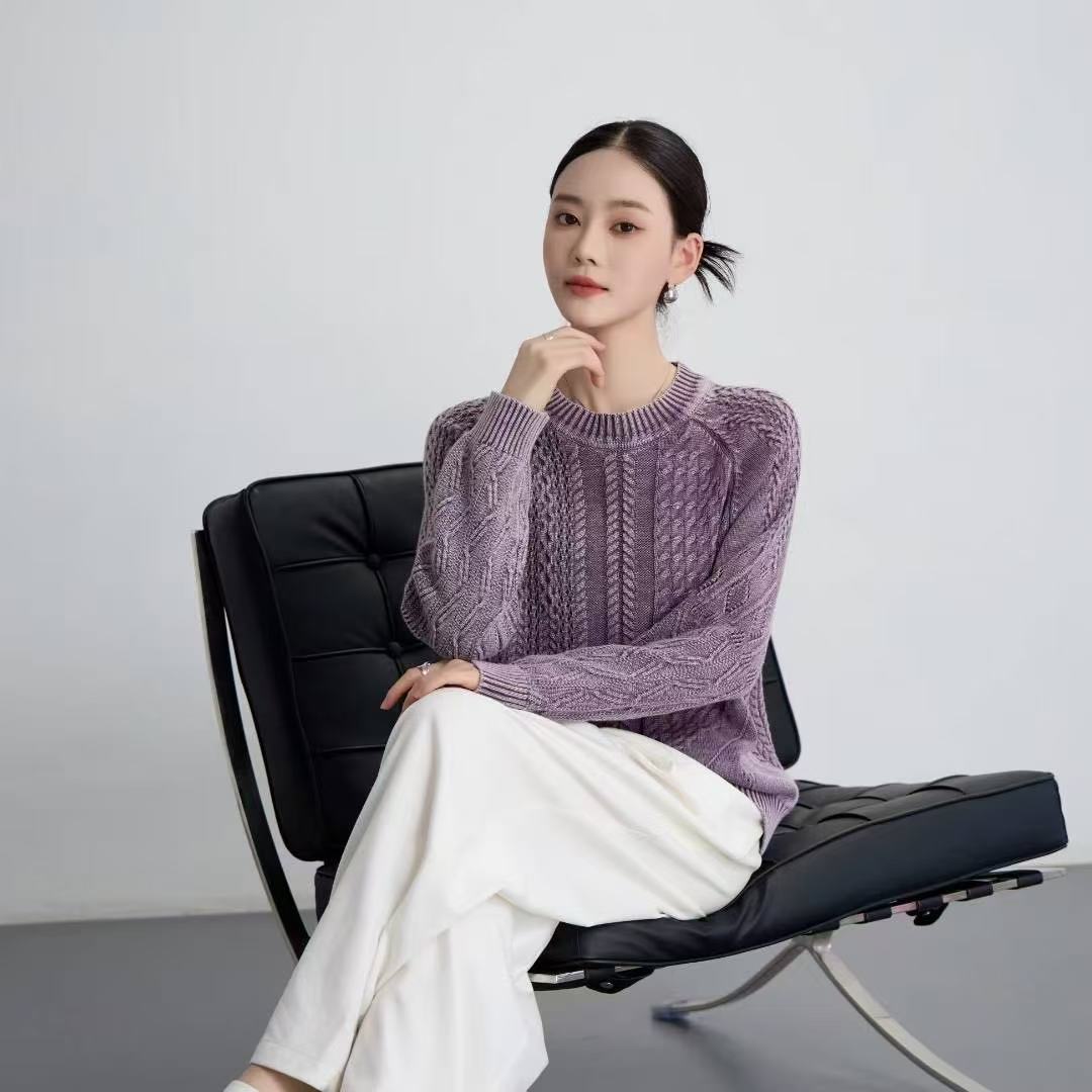 Coreano hace vieja camiseta de punto de mujer retro, nuevo invierno y otoño irregular, suéter de mujer a rejilla retorcida image 1