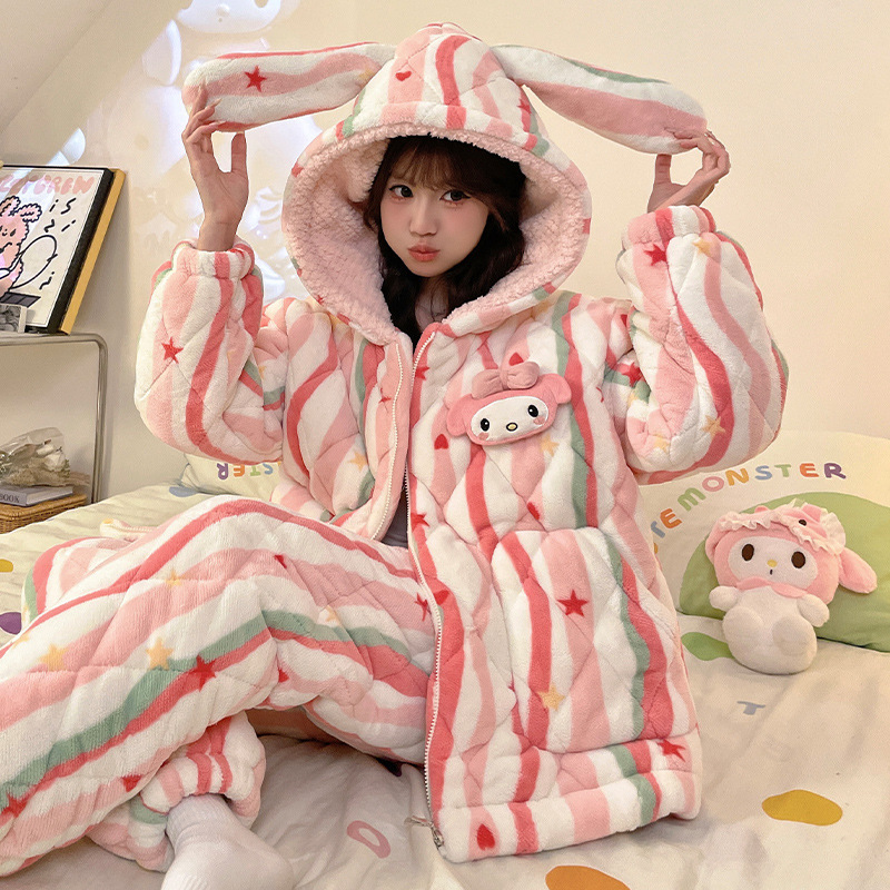 2024 new pajamas ladies winter rainbow coral fleece three layer cotton winter fleece-lined thick cute home clothes