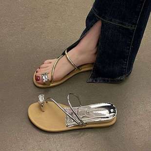 Rhinestone Thong Fairy Style Sandals for Women's Summer Outer Wear 2025 Hot Style Inner Heightening Foreign Style Beach Sandals with Skirts