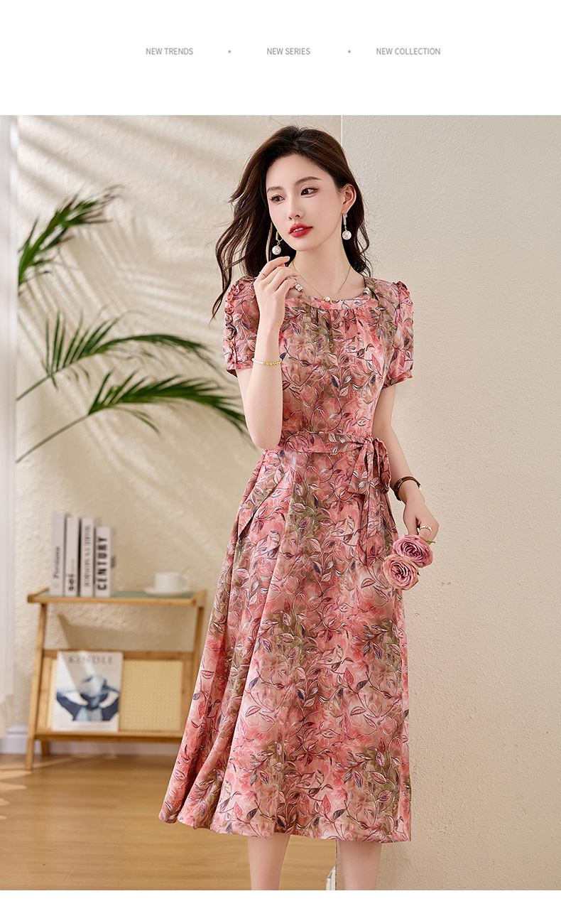 Váy liền hoa maxi nữ thắt eo thanh lịch mùa hè 2025 tay ngắn ôm eo — hoa đỏ, hoa hồng chi tiết 22