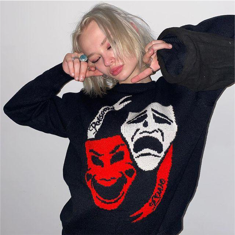 Funny skull loose fitting pullover for autumn winter, men's and women's round neck knitted sweater Y2K personalized_voghion.com