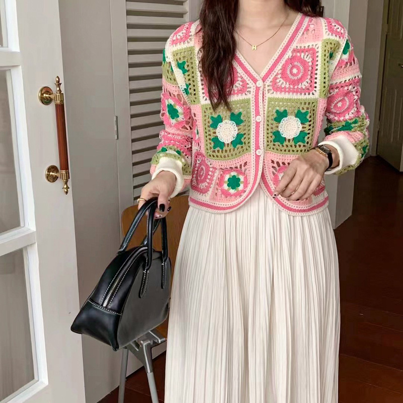 Vintage Hollow Crochet Long-sleeved Sweater Loose Elegant Design Sense Single-breasted Ethnic Cardigan Top Women's Clothing