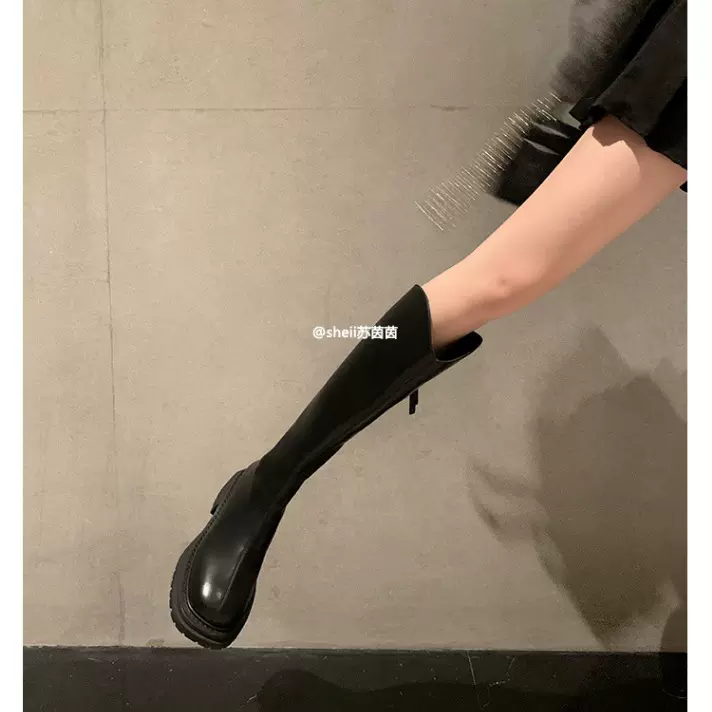 【葡萄妈同款】北野花雾~弹力圆头V口后拉链中高筒靴女骑士长靴
