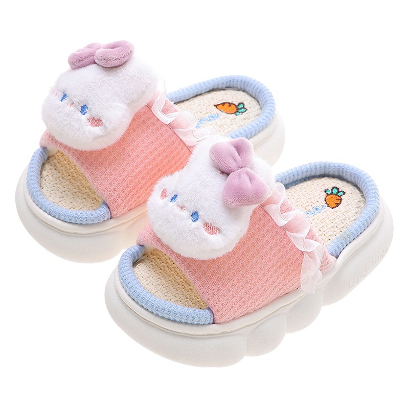 Zapatillas de lino para niños de cuatro estaciones de primavera y otoño interior antideslizante de fondo grueso transpirable padre-hijo casa bebé piso de algodón y lino zapatillas