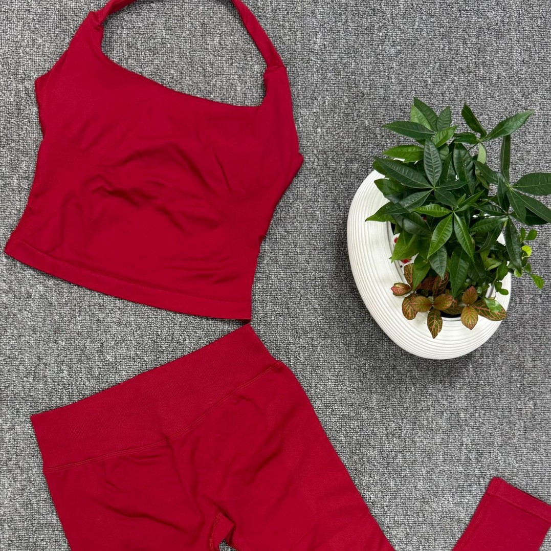 European and American Style Solid Color Halter Neck Sports Vest New Seamless Yoga Backless Cross-Border Ruched Hip-Lifting Long Pants Set