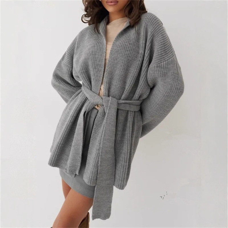 European Women's Mid-Length Knitted Cardigan Autumn and Winter New Belt Slim Fit Simple Elegant Pure Color Sweater Jacket