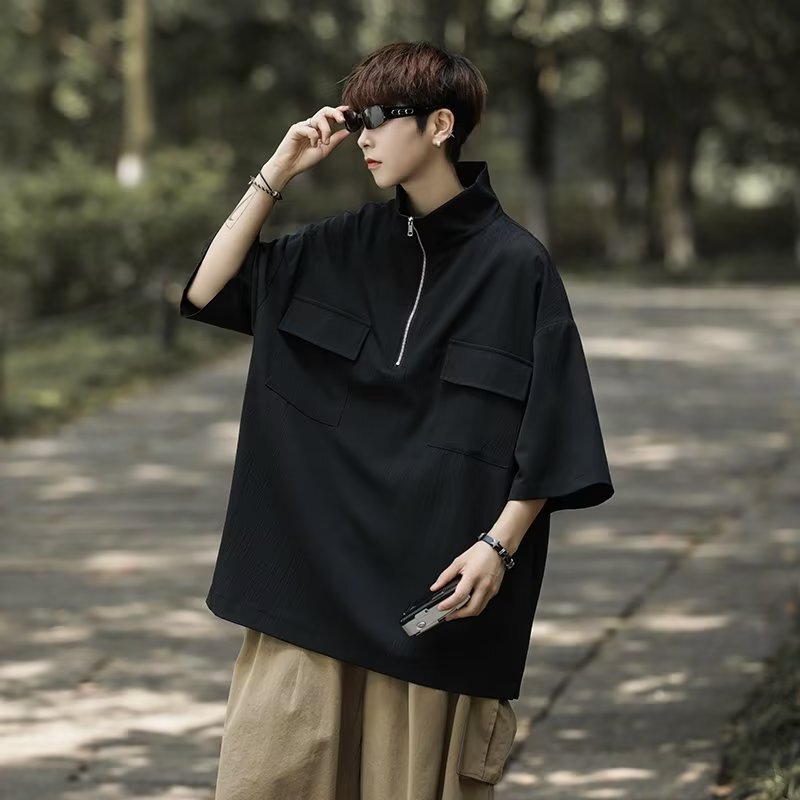 Summer Half Zip High Collar Shirt Men's Short-sleeved T-shirt Trendy Brand Retro Draped Sense Niche Casual Thin Shirt Clothes