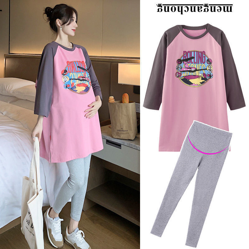 Conjunto de vestido de mãe para mulheres grávidas, primavera e outono, moda coreana, camiseta feminina grávida, manga comprida, comprimento médio solto_voghion.com