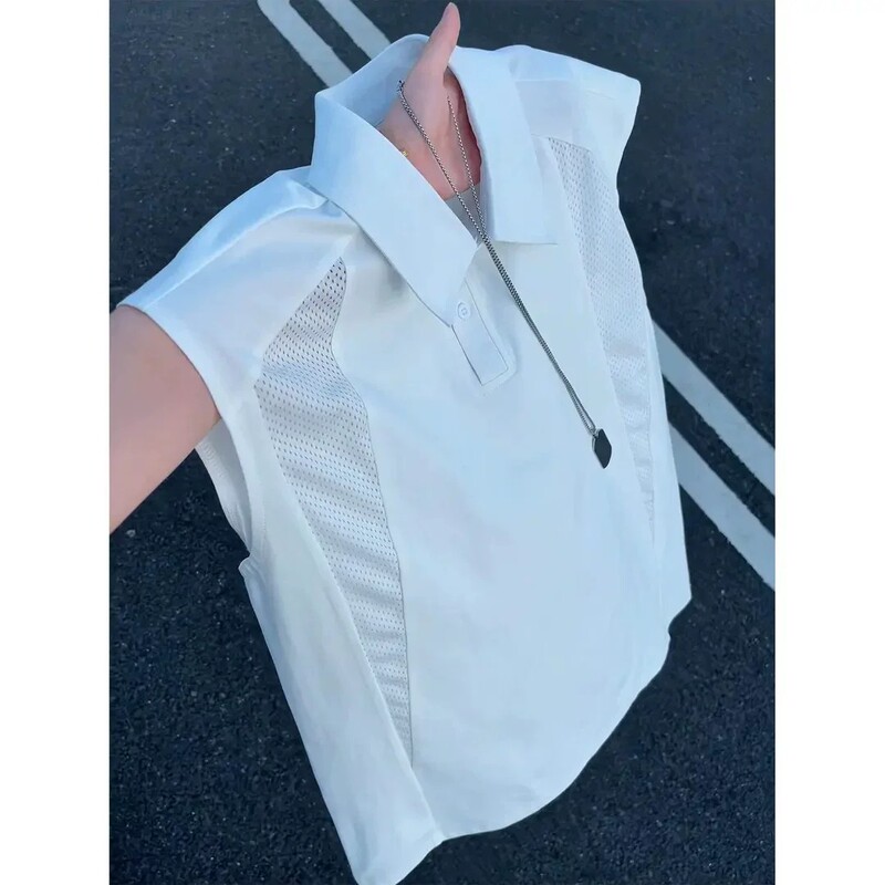 American-Style Mesh Breathable Polo Shirt Vest for Men, Summer Trendy Brand Loose Casual Design Sleeveless T-Shirt Men's Top