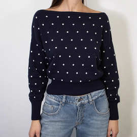 2025新款春秋长袖船领斜肩秋冬纯欲撞色波点收腰针织套头衫毛衣女