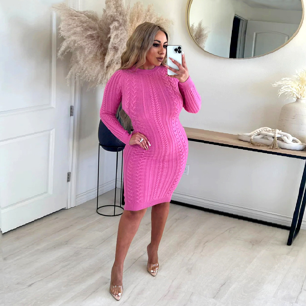 Robe pull femme couleur unie sexy mode robe en maille_voghion.com