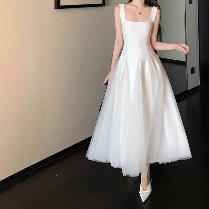 2025 French Socialite Elegant White Suspender Dress Women's Mesh Tutu Skirt Birthday Engagement Dress Long Skirt