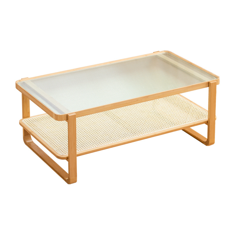 Mesa de café sala de estar nórdico simple pequeño apartamento mesa de té de vidrio templado cama y desayuno mesa de té de doble capa de ratán japonés nuevo