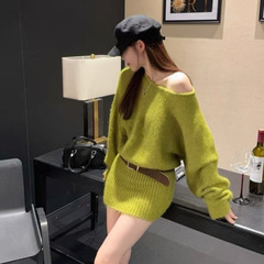 法式中长款斜肩针织连衣裙女秋冬季新款收腰显瘦内搭打底包臀裙子