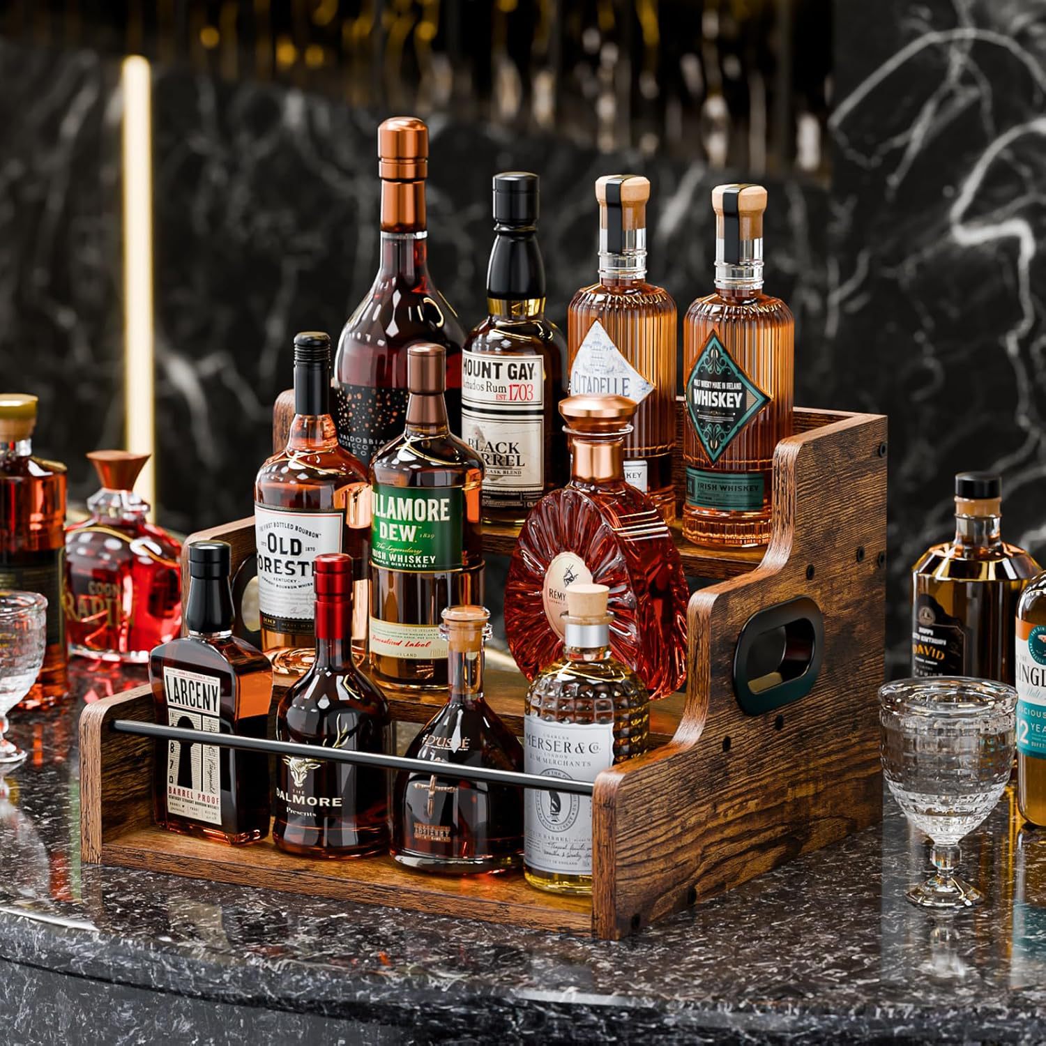 Estante de condimentos de madera retro de tres capas, combinación de hierro y madera, decoración de mesa, estante de almacenamiento de exhibición escalonado de vino tinto