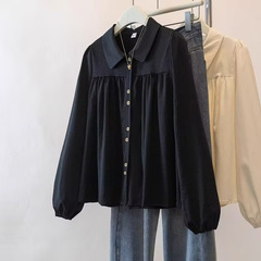 純色の長袖のシャツの春と秋のフランス式の太ったmmはゆったりしていて、やせています。