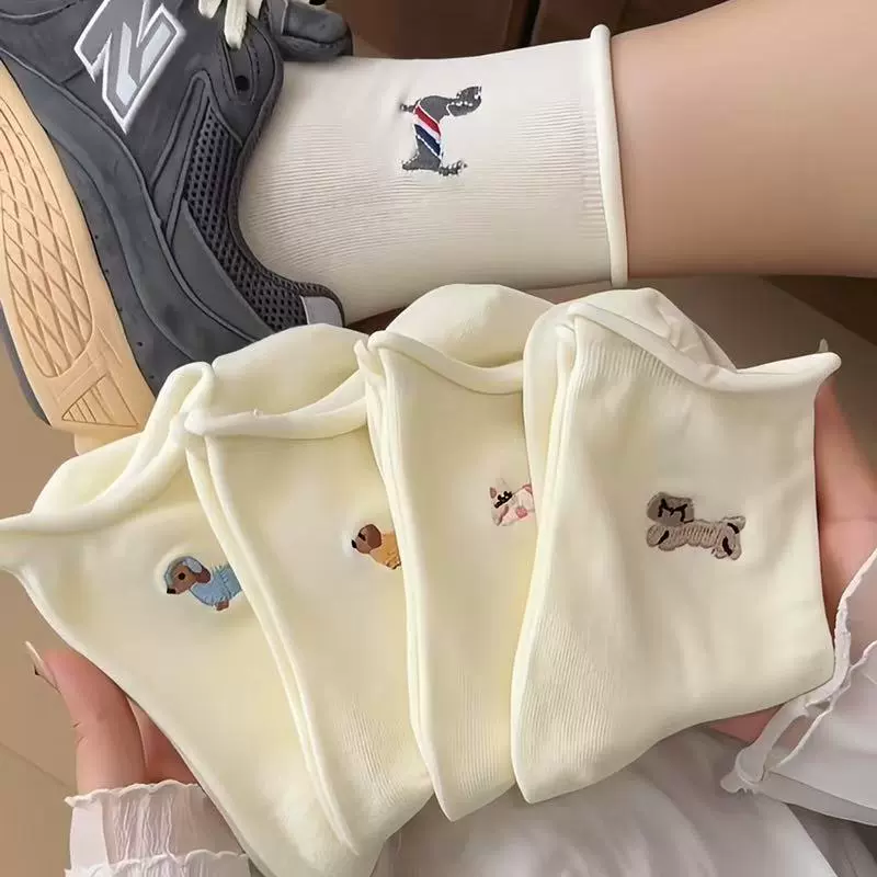 白色袜子女士中筒袜秋冬款ins潮日系卷边堆堆袜卡通可爱小狗长袜