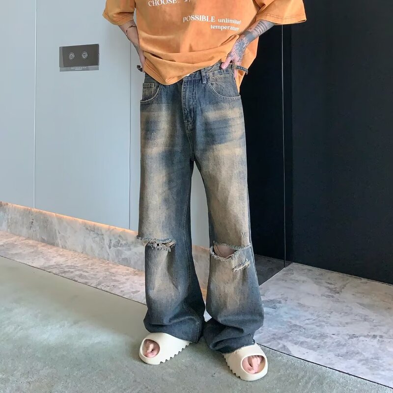 Japanese style street versatile ripped distressed straight jeans men's summer loose casual couple's wide leg trousers