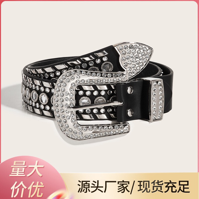 New European and American Niche Personality Y2K Hot Girls Wide Belt Women's Decorative Willow Nails Rhinestone Pants Fashion Belt Korean
