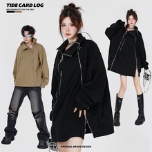 TIDE CARD LOG|美式潮牌半高领立体绣花双拉链情侣款宽松套头卫衣